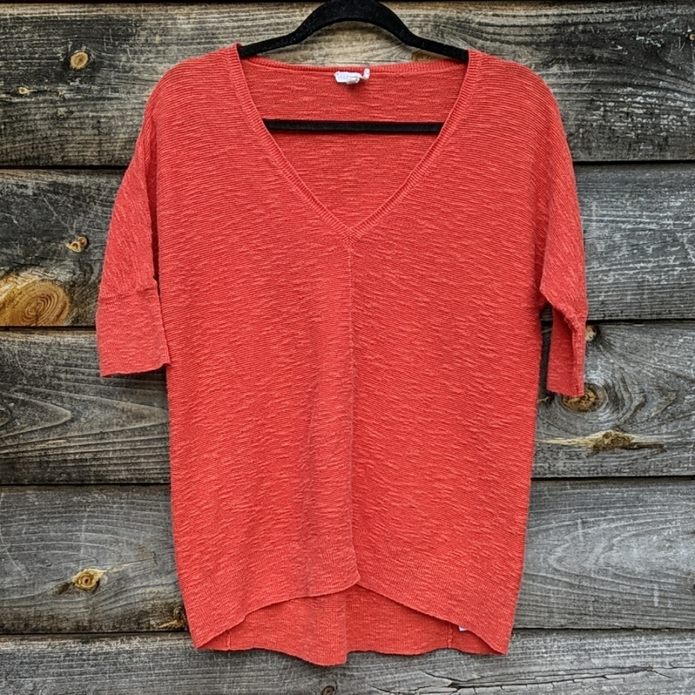 EILEEN FISHER REDDISH ORANGE LINEN KNIT V-NECK